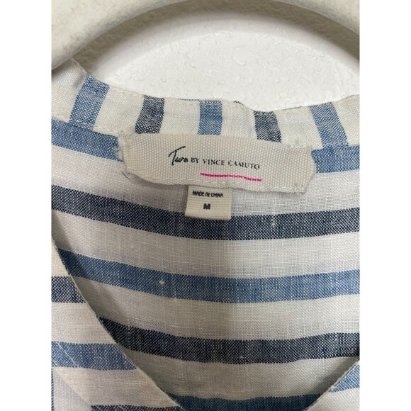 Two by Vince Camuto Medium Woven Striped Tunic Top Blue Linen Cuffed Cap Sleeve - Picture 9 of 12